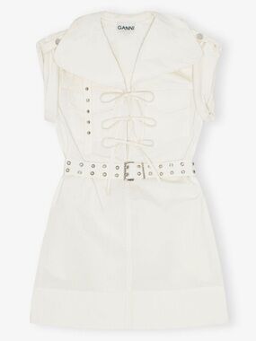 Ganni Cream Lace-Up Mini Dress with Grommet Belt